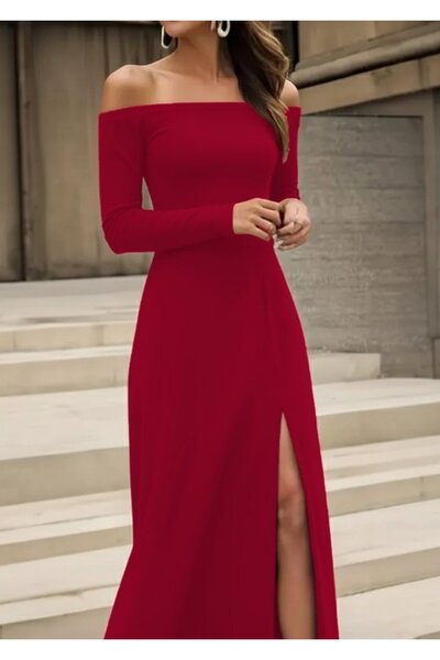 Kokosh moda Women's Long Sleeve Madonna Collar Slit Detailed Long Crepe Dress