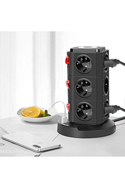 asua Akım Korumalı Priz Kablosuz Şarj İstasyonu 12xSoket 1xUSB 2xType-C 2 MT Kablolu Grup Priz Çoğaltıcı