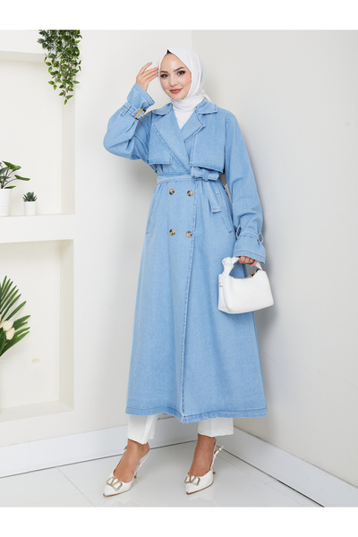 EFSUN MODA KADIN KRUVAZE YAKA DENİM TRENÇKOT UZUN 125 CM KOT KUMAŞ