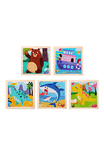 NEXTLY Wooden Kids Puzzles Set - 5 Pack, 9 Pieces, Assorted Animals & Vehicles, Multicolor