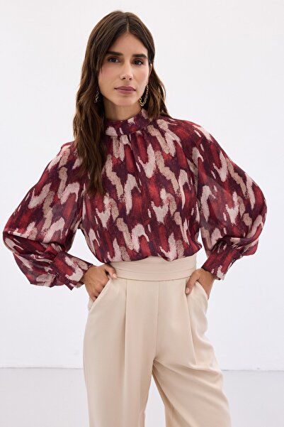 Sateen Desenli Salaş Bluz - Bordo