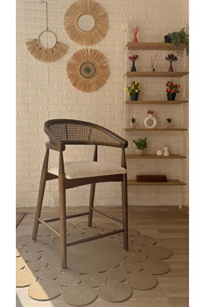 silla Concept Gazel Bar Sandalyesi Teddy Krem Kumaş Hasırlı Ceviz Ahşap Ada Sandalye