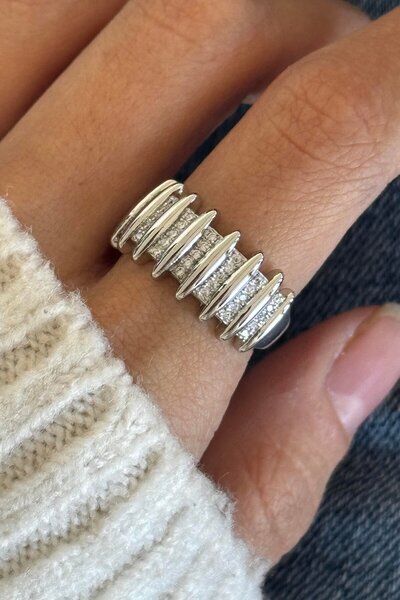 TAKIŞTIR Silver Color Stone Detailed Adjustable Steel Ring