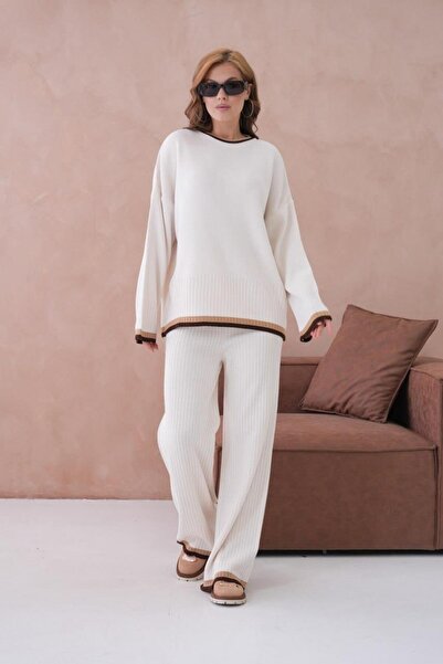 Işşıl 12227-Striped Knitwear Suit with Crew Neck and Trousers