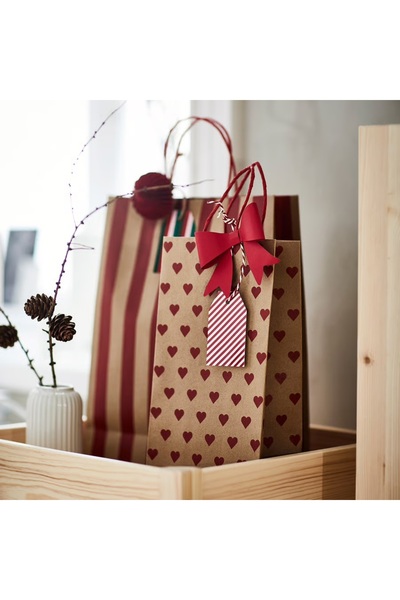 IKEA Vinterfint 2 Adet Desenli Çizgili Kalpli 26x35 cm ve 15x30 cm Hediye Paketi Çantası Poşeti