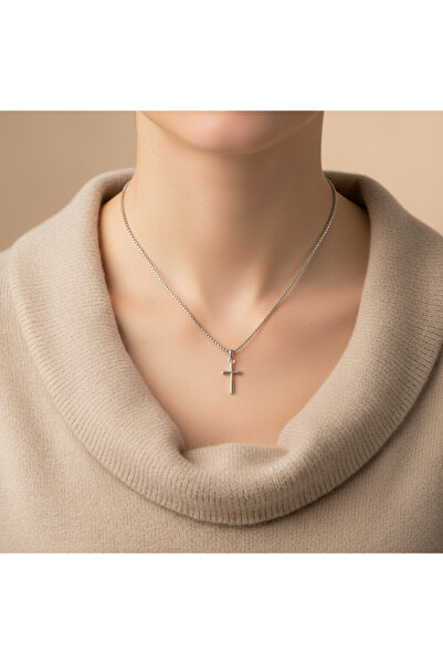 Alooya Mini Haç Gümüş Kaplama Örme Zincir Kolye