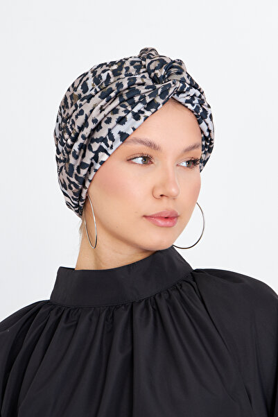 HÜRREM BONE Gri Çapraz Büzgülü Tesettür Bone Sandy Leopar Desen 2511_15