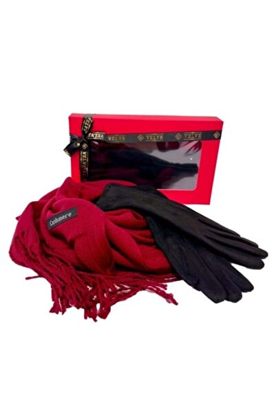velve Secret gift pack for women – Belladona long scarf and elegant gloves, Burgundy, 25x15 cm