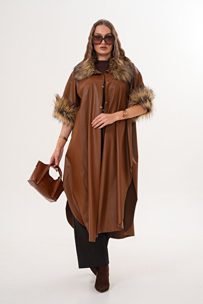 NAVY Leather Long Poncho