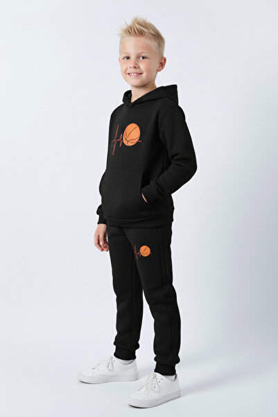 FYK KİDS 3 İplik Ş επένδυση fleece Winter Pulse Basketball B με τύπωμα Kangaroo Pocket K με κουκούλα Σετ αθλητικής φόρμας για αγόρια