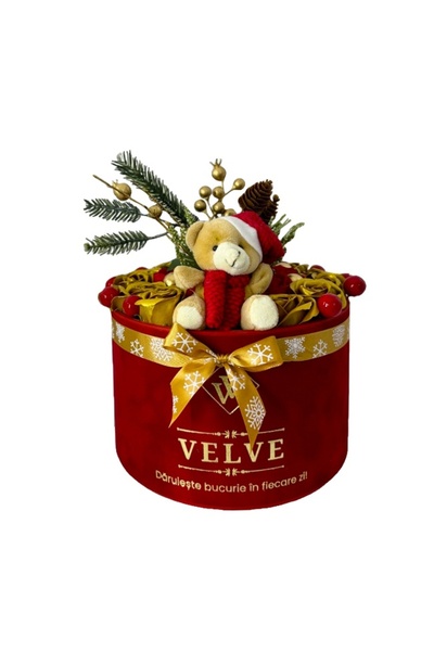 velve Aranjament Flower Christmas cu ursulet, trandafiri de sapun,, in cutie ...