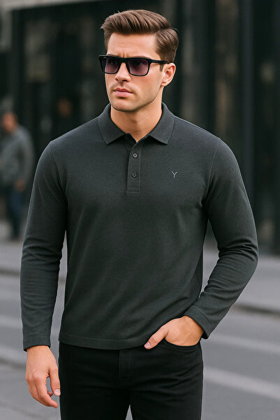 Maccali Men's Basic Casual Long Sleeve Smoked Polo Neck T-Shirt