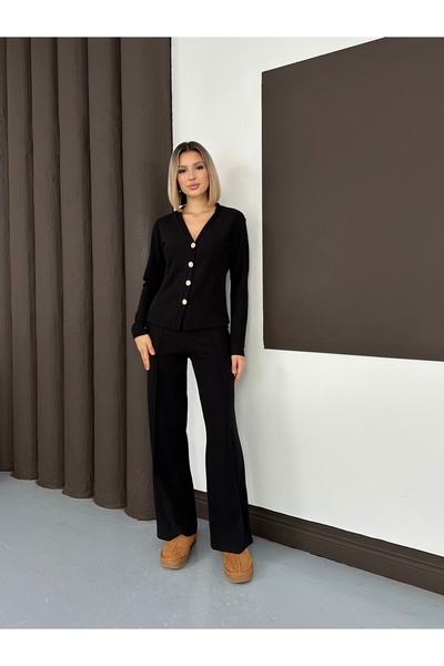 LE CARAMBOLE Women's Black Gold Buttoned Thessaloniki Fabric Top and Bottom Set