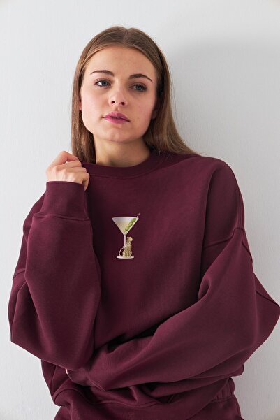 The Champ Clothing Γυναικείο φούτερ oversized Martini Leopard με τύπωμα Claret Red – Crew Neck, 3 Thread Ş επένδυση fleece Fleece