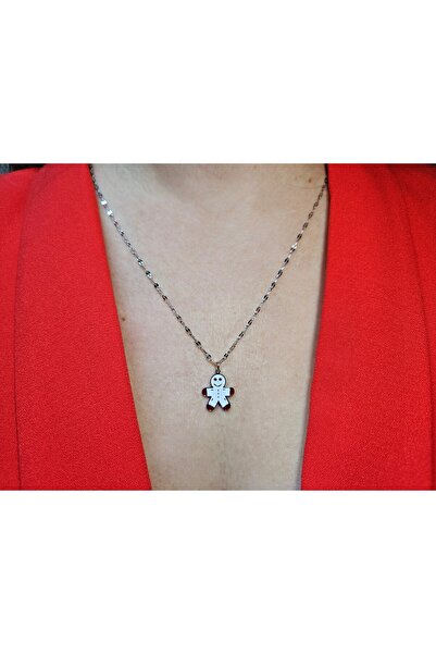 OEM Women's necklace with gingerbread man pendant, stainless steel, silver