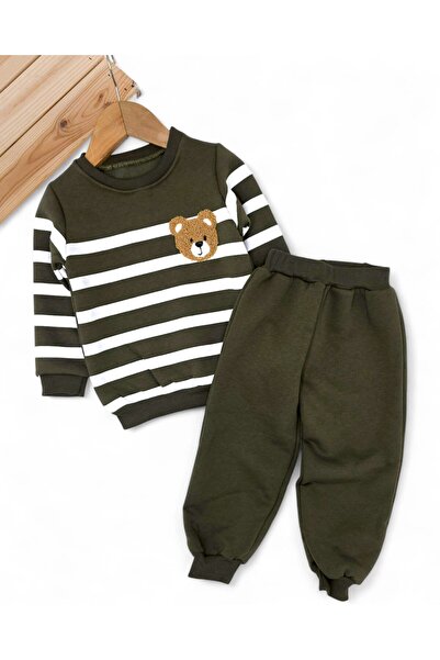VOY KİDS Baby Boy Striped 1-2-3 Years Old, Teddy Bear Embroidered Winter 3 Thread Fleece-Lined Bottom Top Tracksuit Set