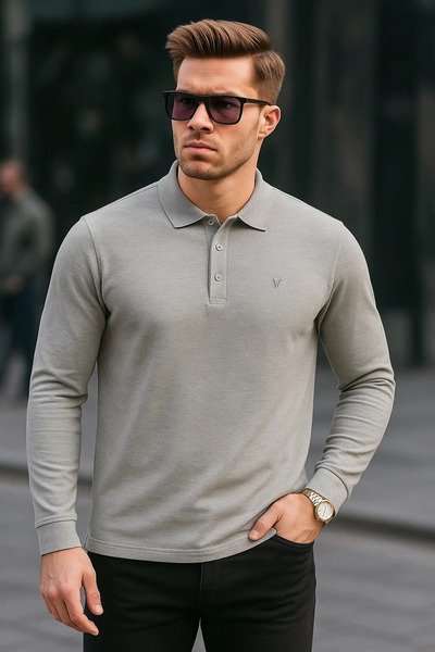 Maccali Men's Basic Casual Long Sleeve Gray Polo Neck T-Shirt