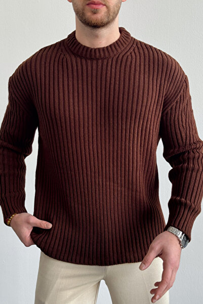 Tarz Cool Мъжки кафяв пуловер с релефна плетка