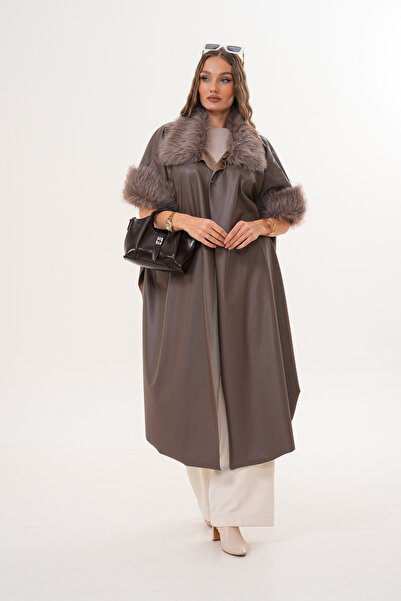 NAVY Leather Long Poncho