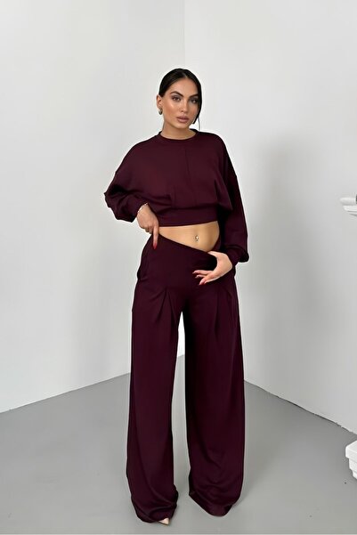 spirituel Women's Two-Piece Bottom Top Set Modal Fabric Off-Shoulder Crew Neck Crop Top Pleated High Waist Wide Leg Pants