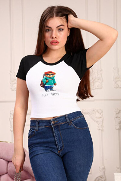FashionForYou Let's Party women's T-shirt, with "teddy bear" print, Black-White, L