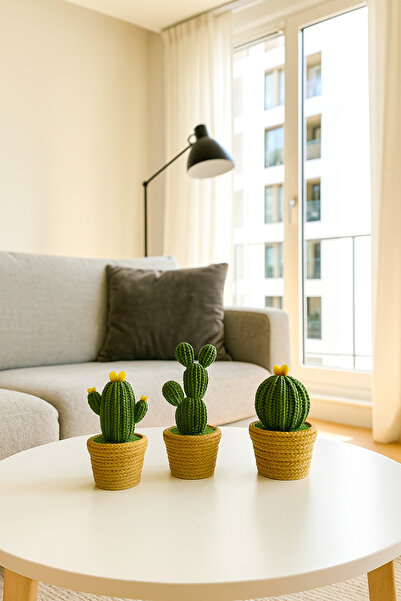CMHOME 3’lü Mini Yapay Örgü Desenli Kaktüs Seti, Dekoratif Mini Saksı Bitkileri Masaüstü ve Raf Süsü