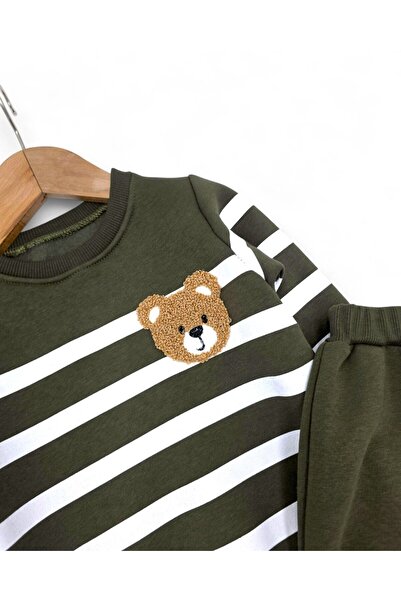 VOY KİDS Baby Boy Striped 1-2-3 Years Old, Teddy Bear Embroidered Winter 3 Thread Fleece-Lined Bottom Top Tracksuit Set