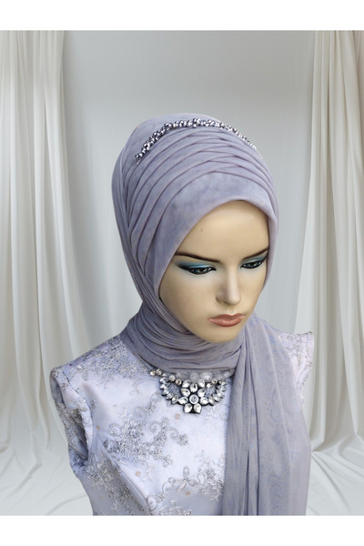 Nuray hazır duvak Light Gray Flexible Fabric Single Ready-Made Veil Ready-Made Shawl Ready-Made Turban with Accessories