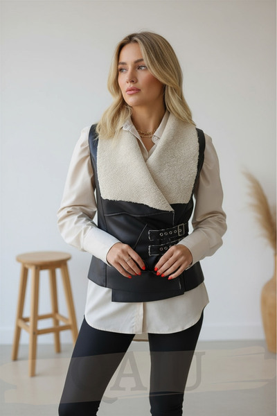 Qaju Women's Lamb Fur Faux Leather Black Vest