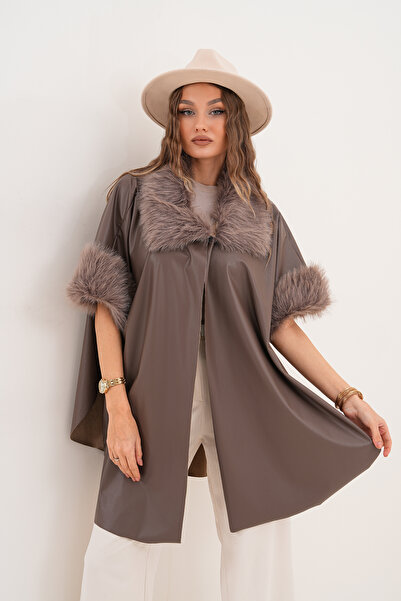 NAVY Leather Short Poncho