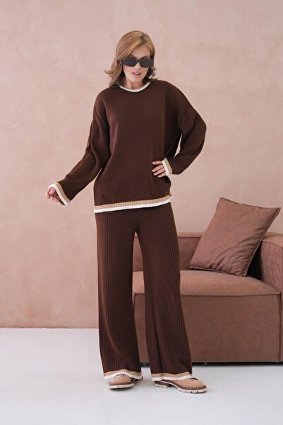 Işşıl 12227-Striped Knitwear Suit with Crew Neck and Trousers