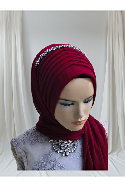 Nuray hazır duvak Accessories Included: Classic Burgundy Single-Piece Ready-Made Veil, Ready-Made Shawl, Ready-Made Turban