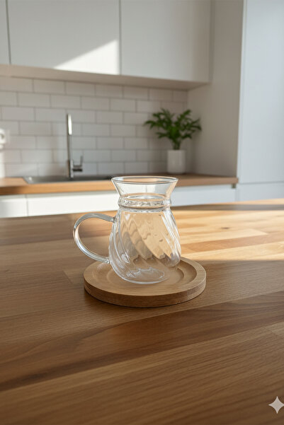 Home Lunero Borosilicate Glass 6-Piece Tea Cup Set – Striped with Bamboo Base 200 ml