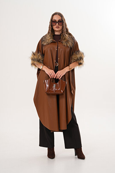 NAVY Leather Long Poncho