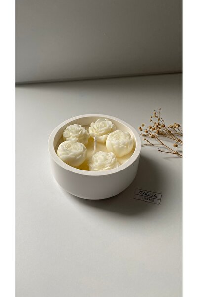 CAELIA HOME Beton Saksıda Çiçekli Vegan ve Vanilya Kokulu Doğal Renk Soya Mum