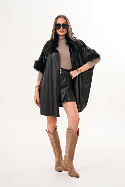 NAVY Leather Short Poncho