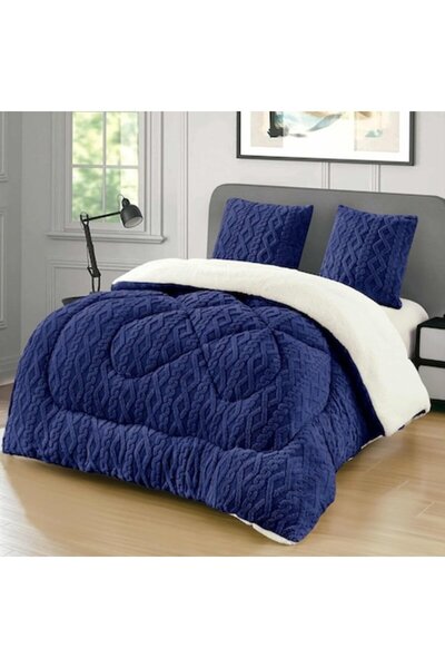 OEM Pilotă tricotată Cocolino cu blană, albastră, 200x230 cm, set de 3 piese cu 2 fețe de pernă