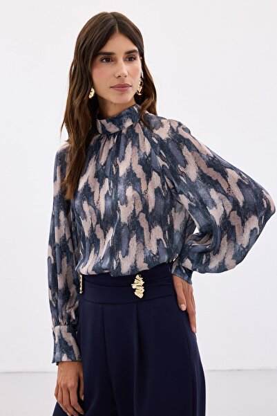 Sateen Desenli Salaş Bluz - Lacivert
