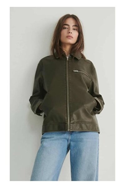 OEM Women's jacket, faux leather, grey, L, loose fit, zipper