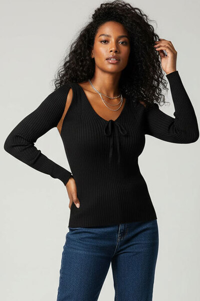 Teenage Millionaire Women's Black Back Cut-Out Detailed Top Quality Woven Long Sleeve Corded Fabric Blouse Body