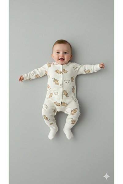 Süpermini Unisex Yavru Ayı Baskılı Manşetli %100 Pamuk Çıtçıtlı Bebek Tulum |...