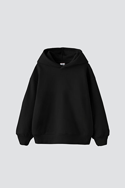 Sekizbiraltı Pocketless Basic Hooded Oversized Black Hoodie