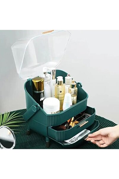 MACVI ® makeup organizer, 2 drawers, clear lid, comfy handle, dustproof, PP+acrylic, 37×28×18.5 cm