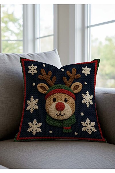 Pillow Home غطاء وسادة رقمي ذو طابع العام الجديد باللون الأزرق الداكن مع نمط الغزلان وندف الثلج مطبوع