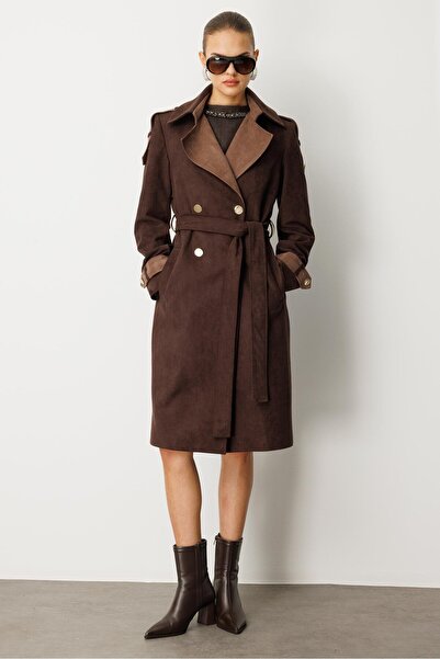 Nefeli Kontrast Renk Süet Garnili Trençkot KAHVE