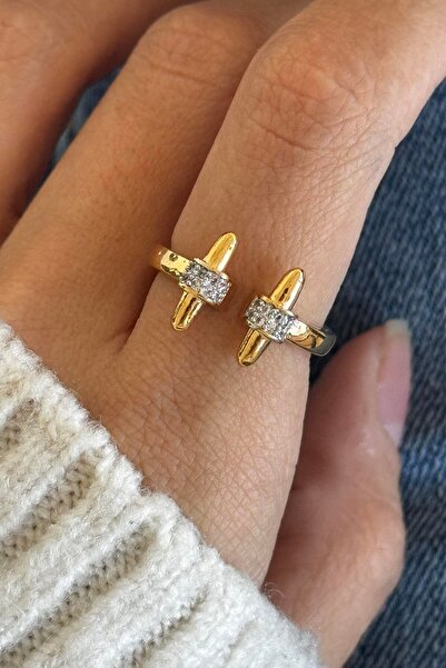 TAKIŞTIR Adjustable Steel Ring with Gold Color Stone Detail