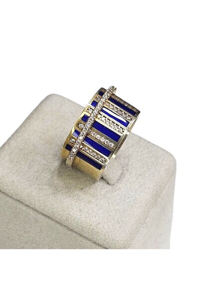 Sln Gümüş 14K Altın Kaplama Lacivert Renk Taşlı Gümüş Yüzük-17 No