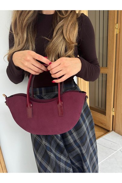 Tina İstanbul Oval Cut Nubuck Zipper Closure Hand and Shoulder Bag Burgundy