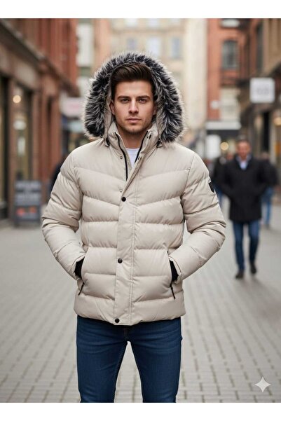 güncüoğlu Removable Ka Hooded Men's Sports Coat with Fur Lined and Very Thick Filling Fiber