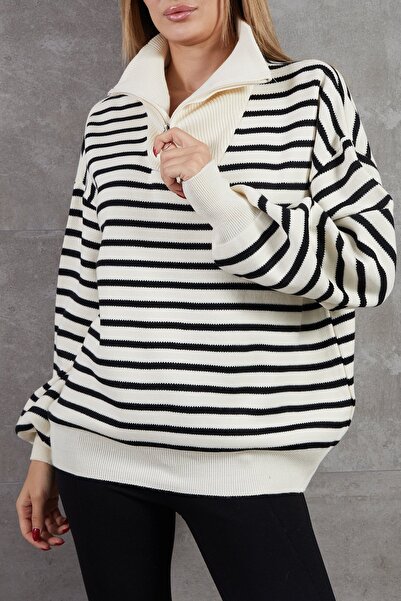 modazoom Turtleneck Zippered Striped Sweater